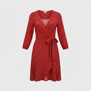 Free People Red Floral MINI Dress Wrap Style Waist Tie Pockets 3/4 Sleeve S NEW!